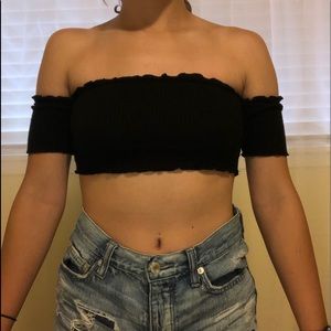 shoulderless black mini top